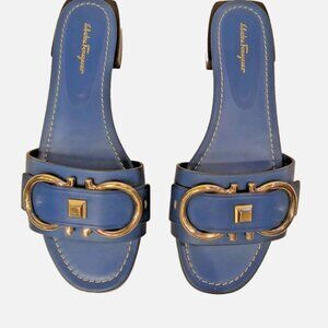 Salvatore Ferragamo Solar Azur Calf Leather Slides – Size 9.5C – Gold Bit Detail